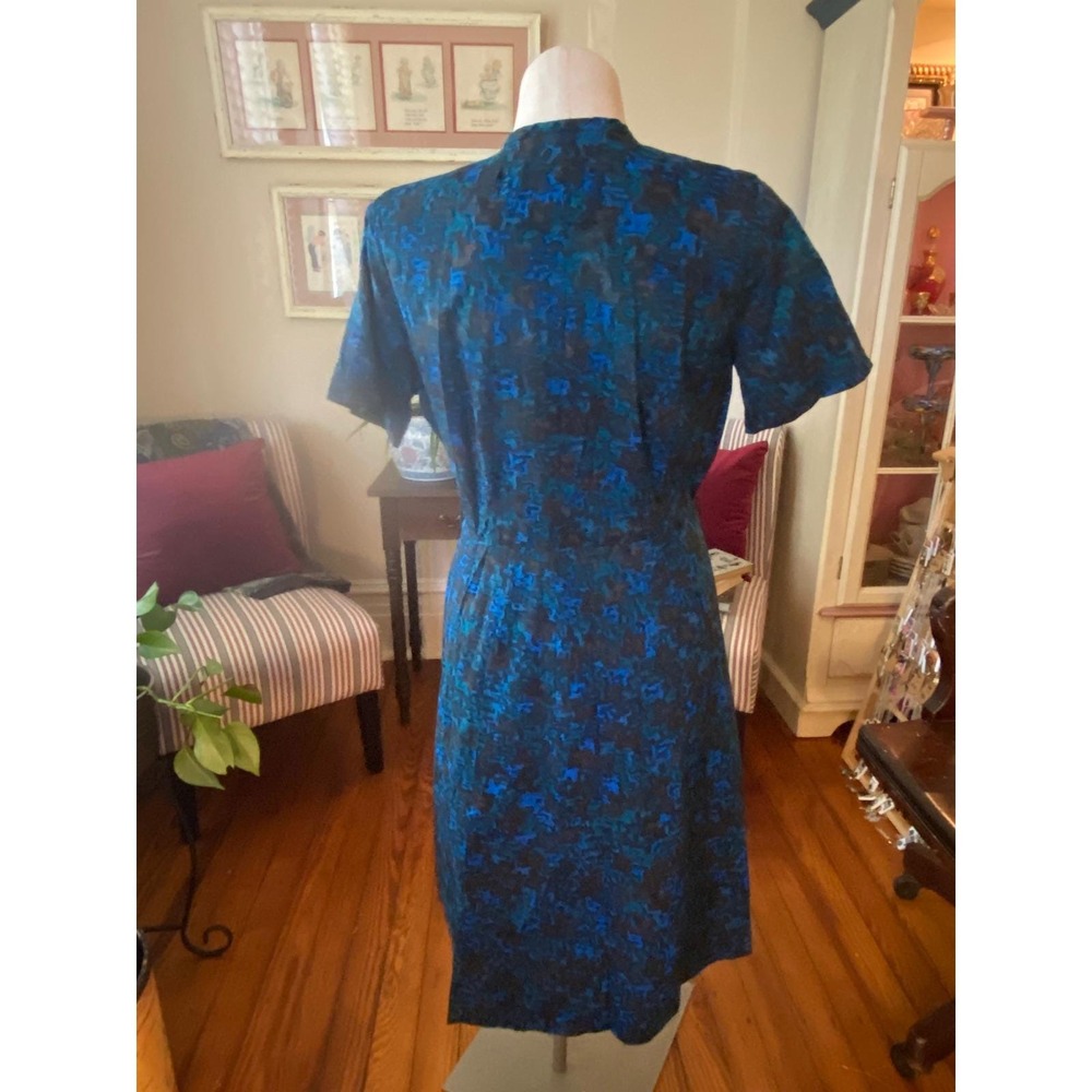 Vtg 50's Blue Abstract Watercolor Pintuck Pleated Midi Dress rockabilly XL - Picture 6 of 8